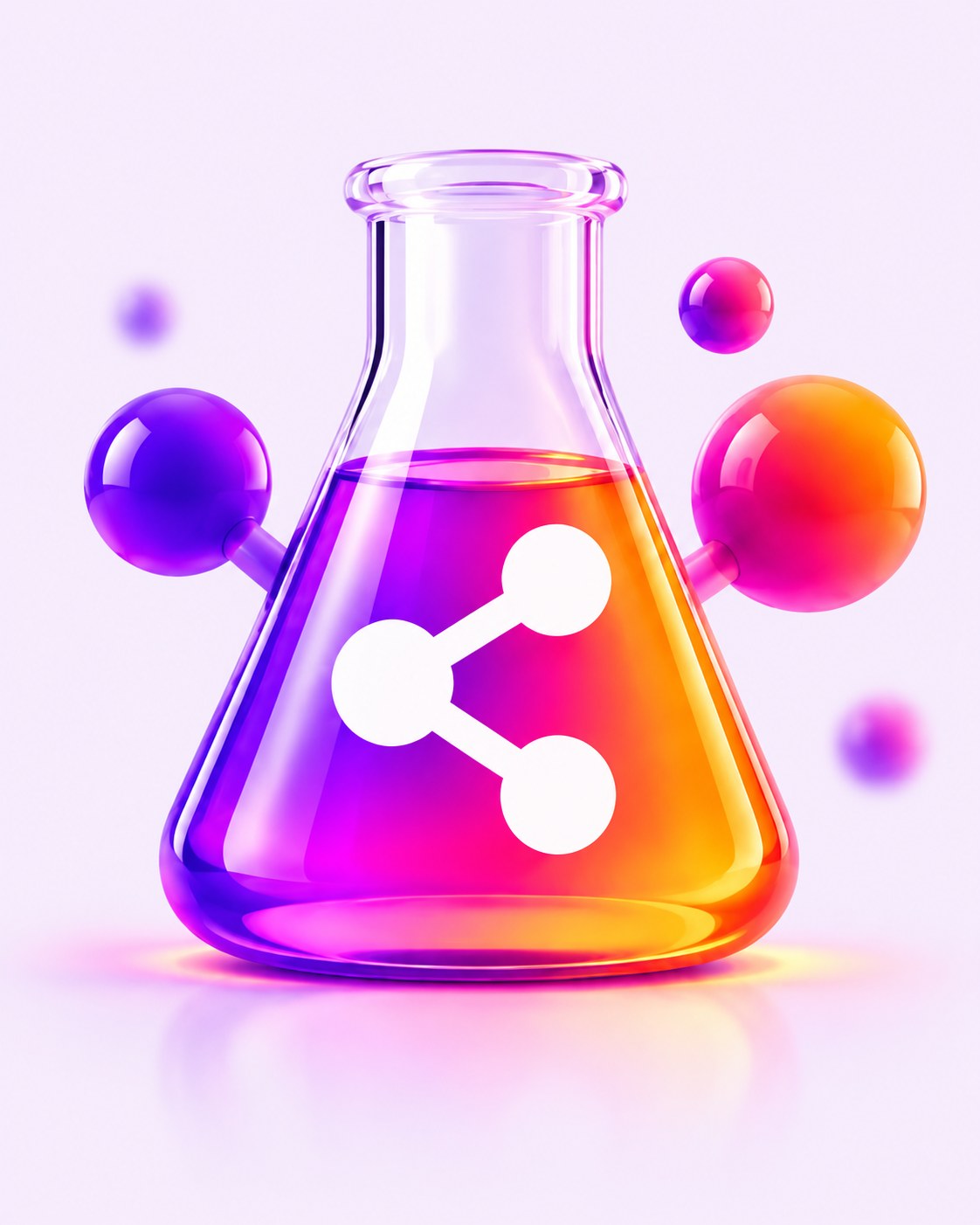 Glossy illustration of a lab flask with a share symbol, in the LabShare.bio gradient