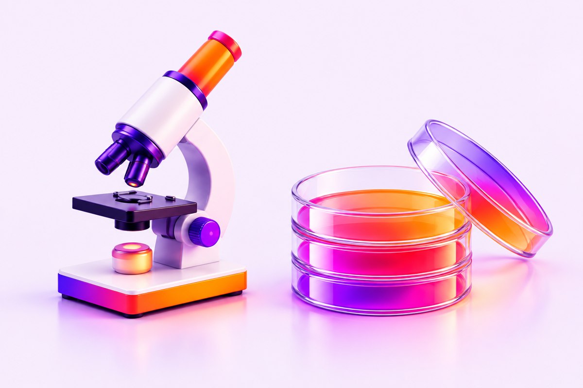 Illustration of a microscope and petri dishes in the LabShare.bio gradient colors